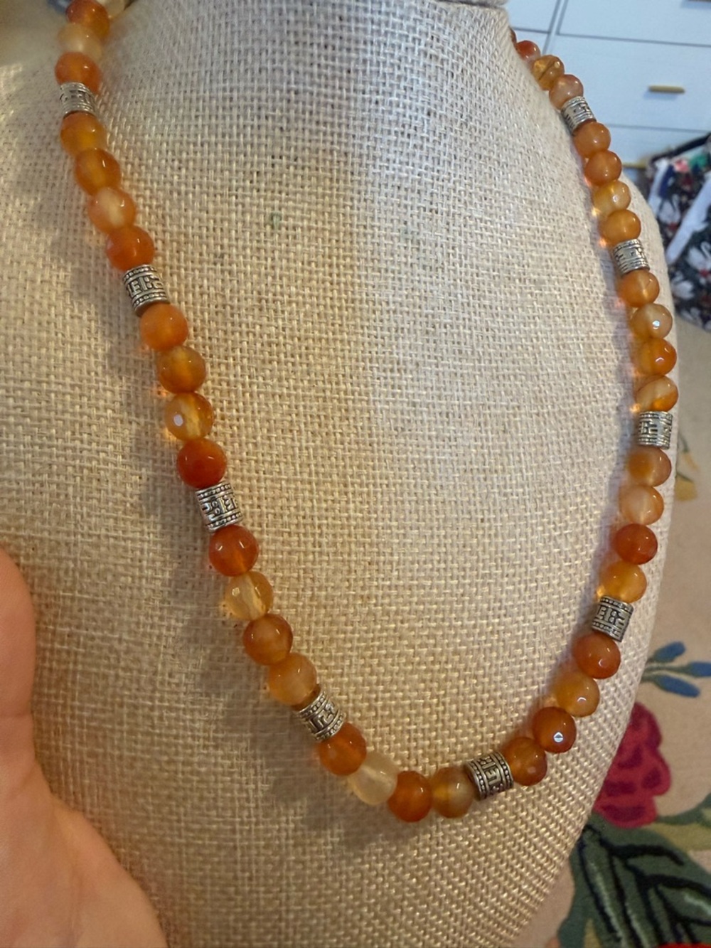 Handmade Carnelian Bead Necklace - Orange Silver Accents